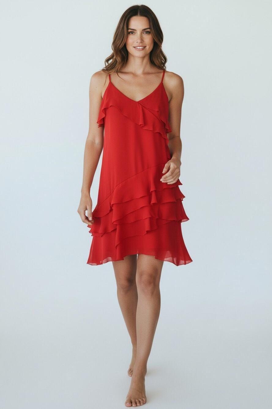 Dress Red 100% Silk Parker XS Cocktail Party Holiday Night Out Frill Chiffon